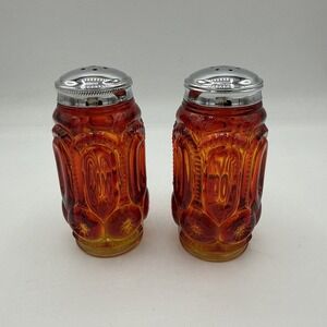 Vintage LE Smith Sun and Moon Salt & Pepper Shakers Red Orange Yellow Chrome